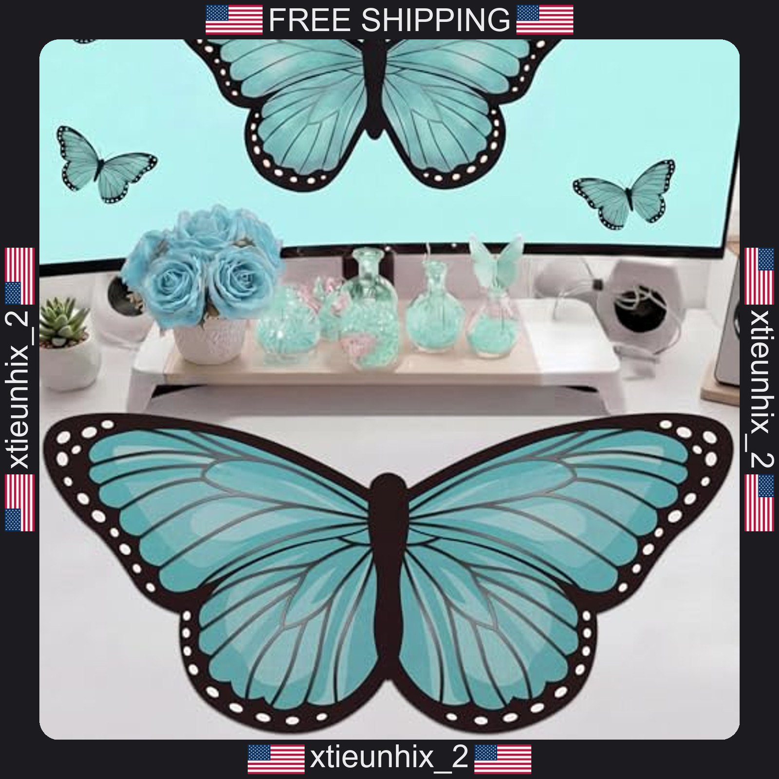 Gaming Mouse Pad Large 35.43 x 15.75 inches Teal Butterfly Desk Mat