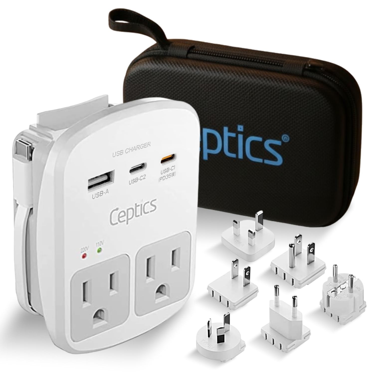 Ceptics 35W Universal Travel Adapter Kit 2 USA sockets USB A USBC 1x PD 35W USB