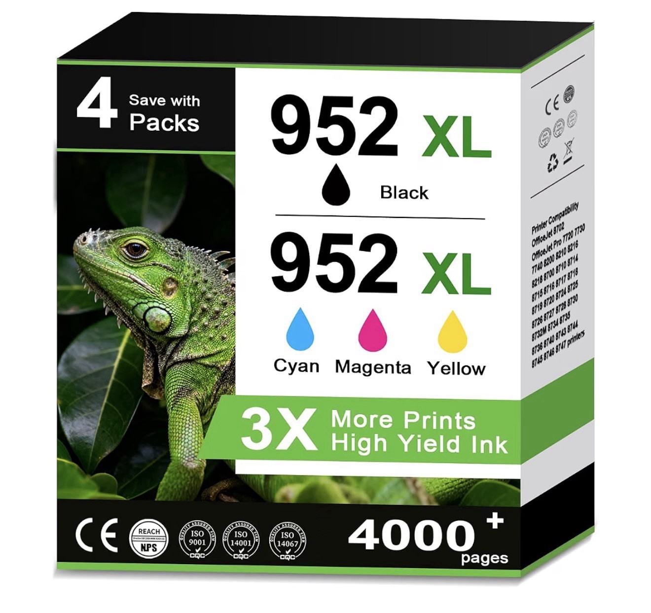 Reman 952XL Ink Cartridges Combo Pack 4-Pk Black Color for OfficeJet 8710