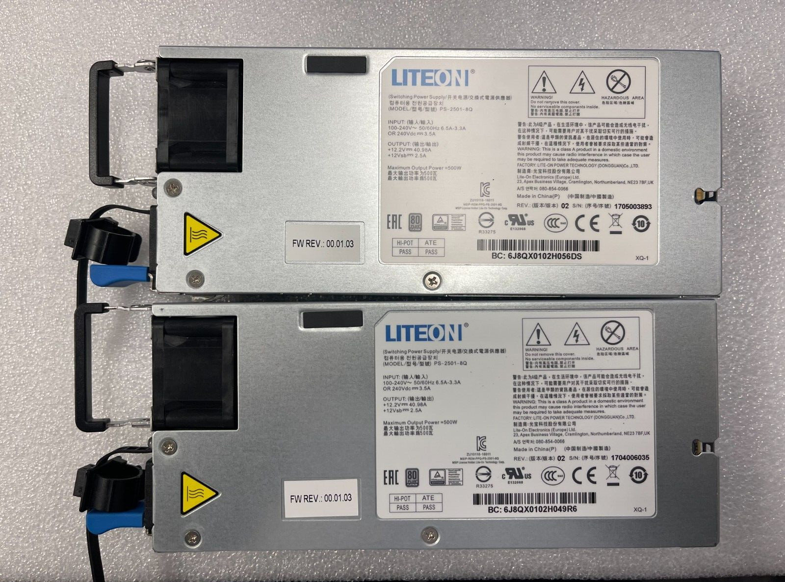 Lot of 2 LITEON PS-2501-8Q 500W REDUNDANT POWER SUPPLY