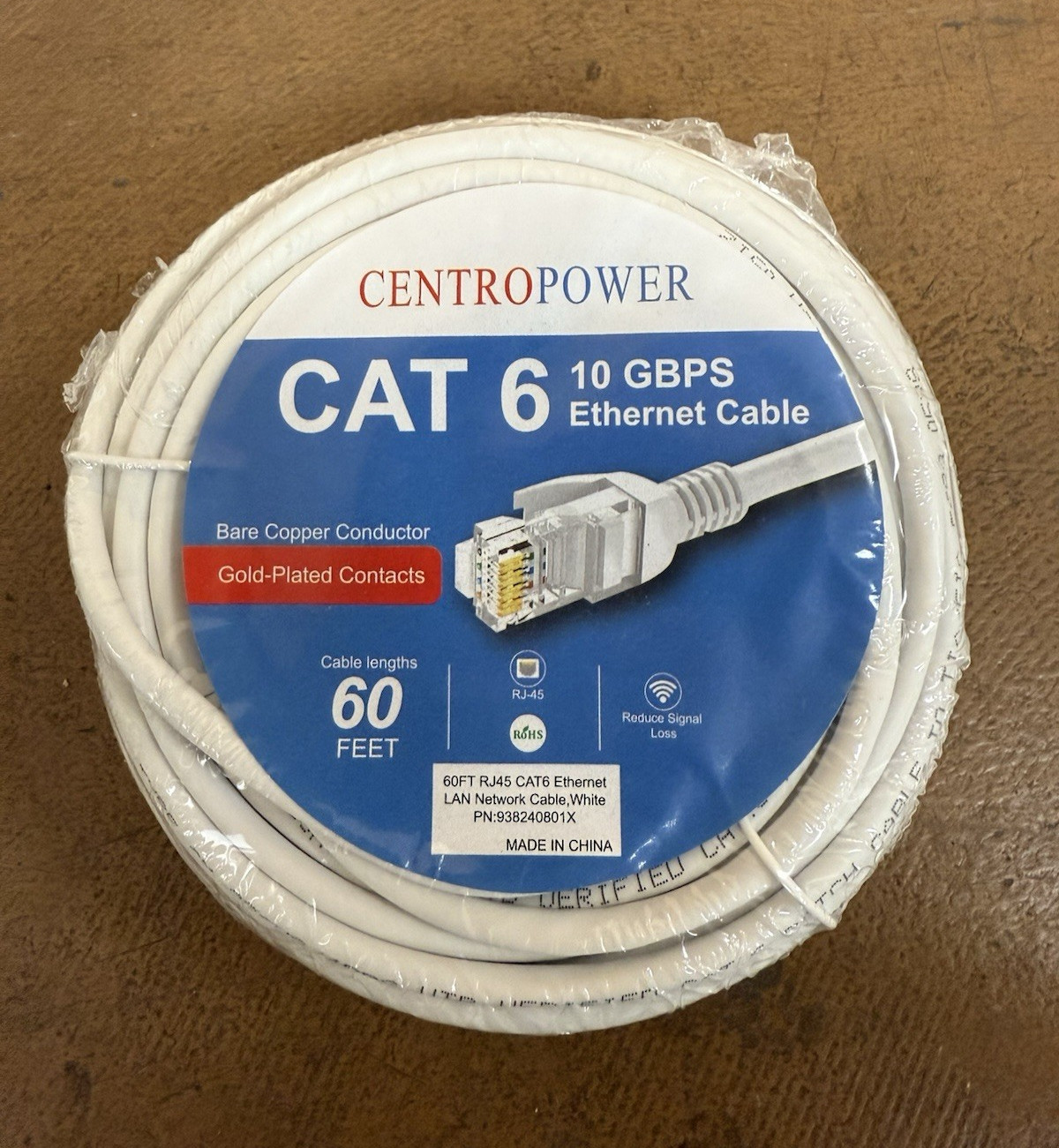 CENTROPOWER Cat 6 RJ-45 Ethernet Cable 60 ft White Gold Plated