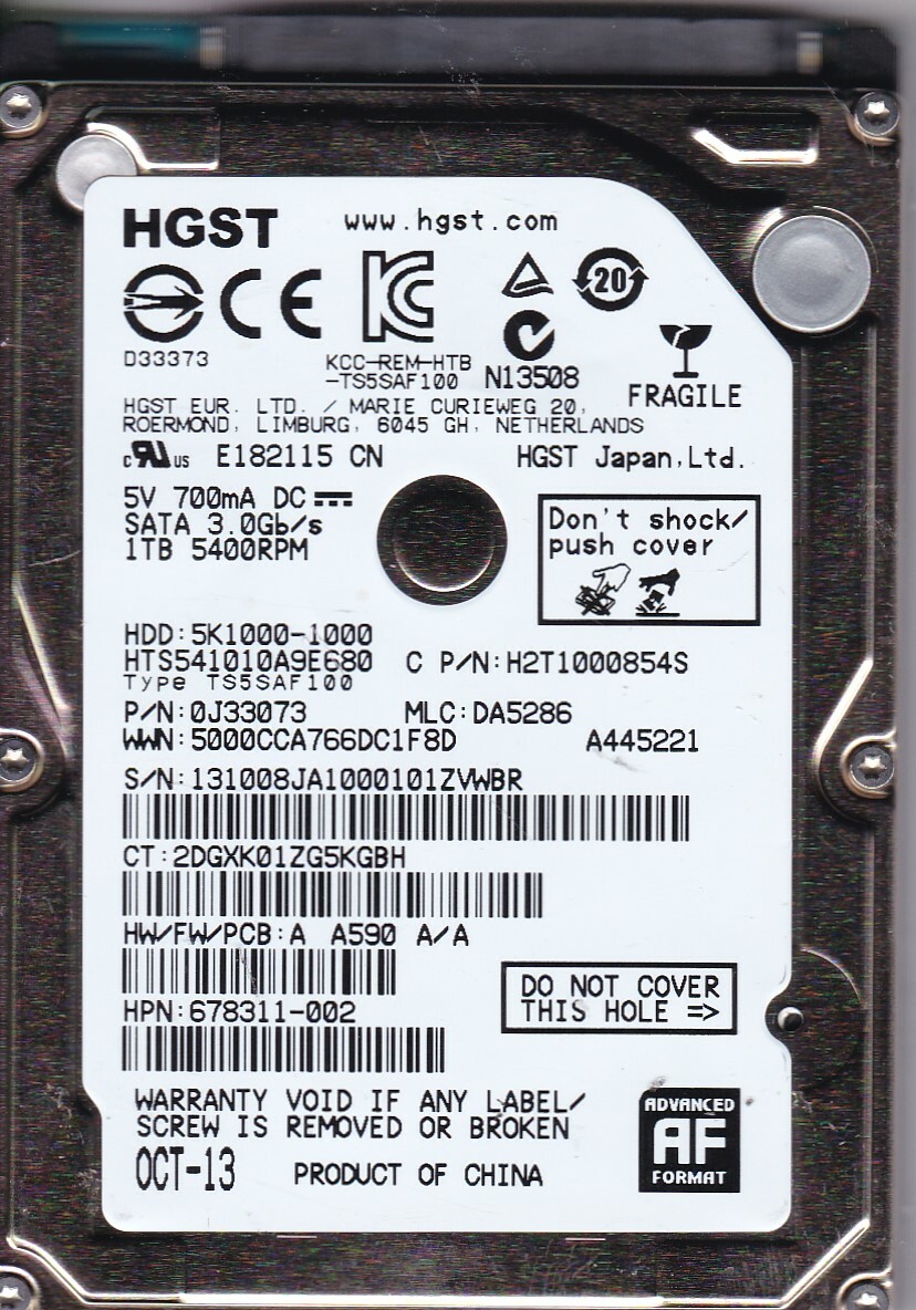 HTS541010A9E680 mlc: DA5286 p/n: 0J33073 China 1TB SATA 2.5" Hitachi-Apple HDD
