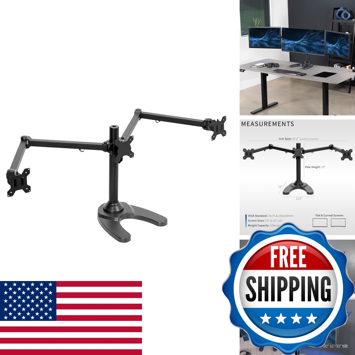 VIVO Triple Monitor Desk Stand 23 to 32 inch Holds 3 Screens Black STAND-V103F