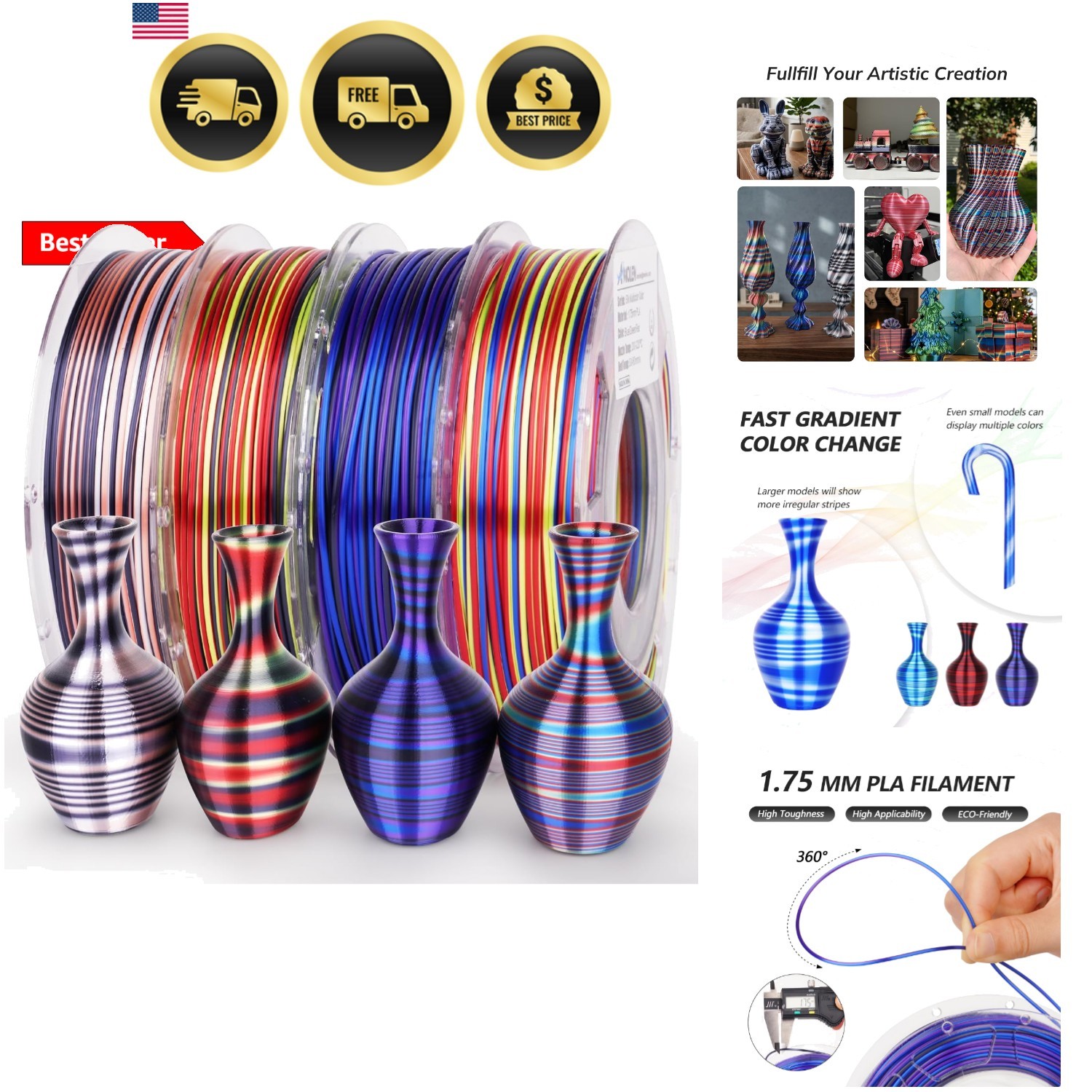 Silk PLA 3D Printer Filament Bundle, Shiny Multicolor Rainbow PLA Filament 1....