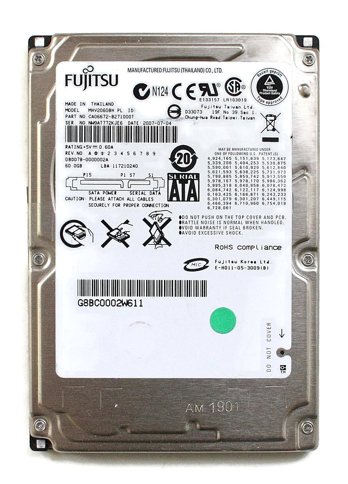 60gb 5.4k rpm sata fw: 0085002a laptop hdd, mhv2060bh, ca06672-b23100dl, th-0cj