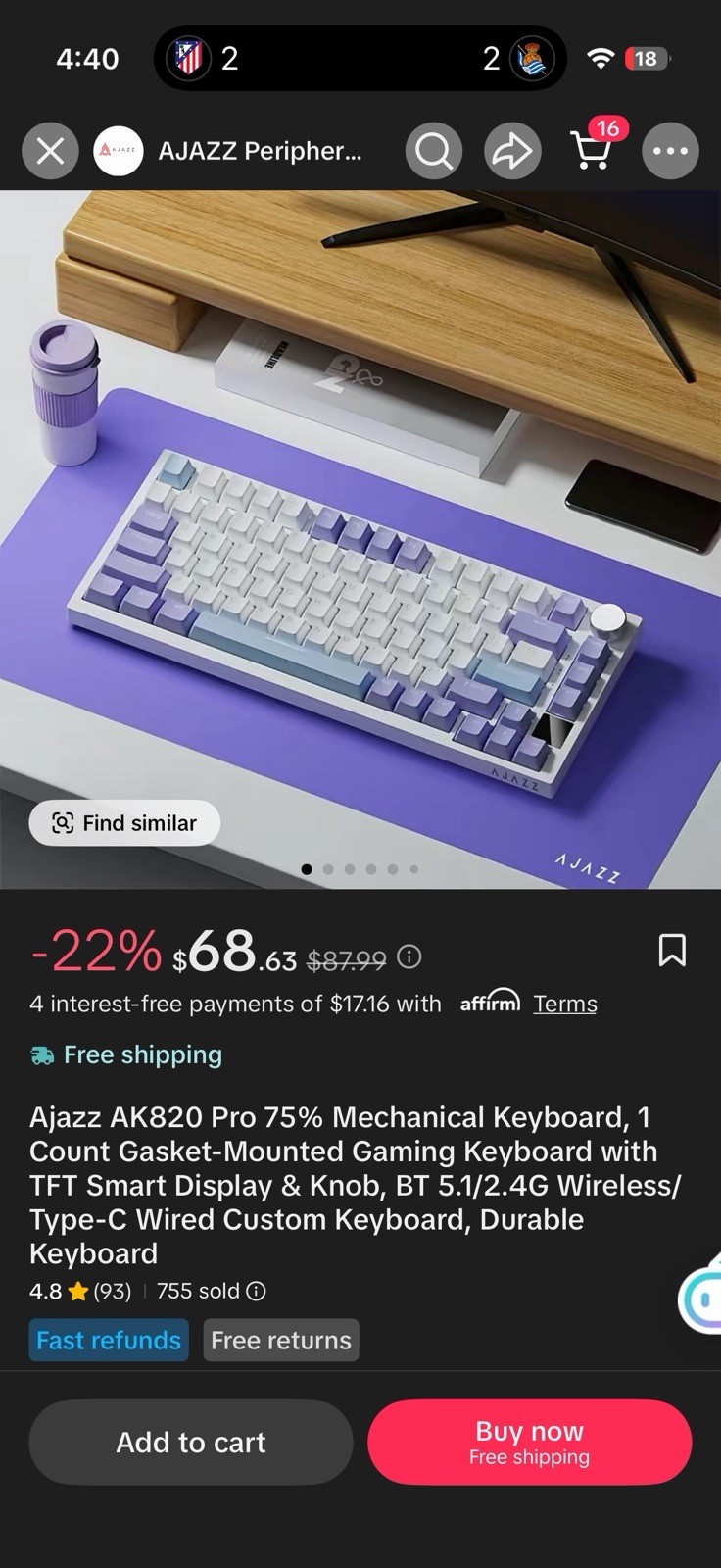 AJAZZ AK820 Pro 75% Mechanical Gaming Keyboard Wireless Knob White Purple Blue