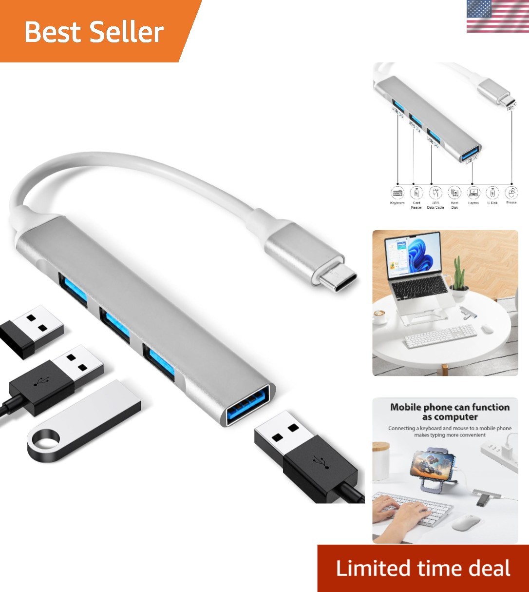 Elegant 4-Port USB C Hub: Lightweight Aluminum Adapter for MacBook & Laptop