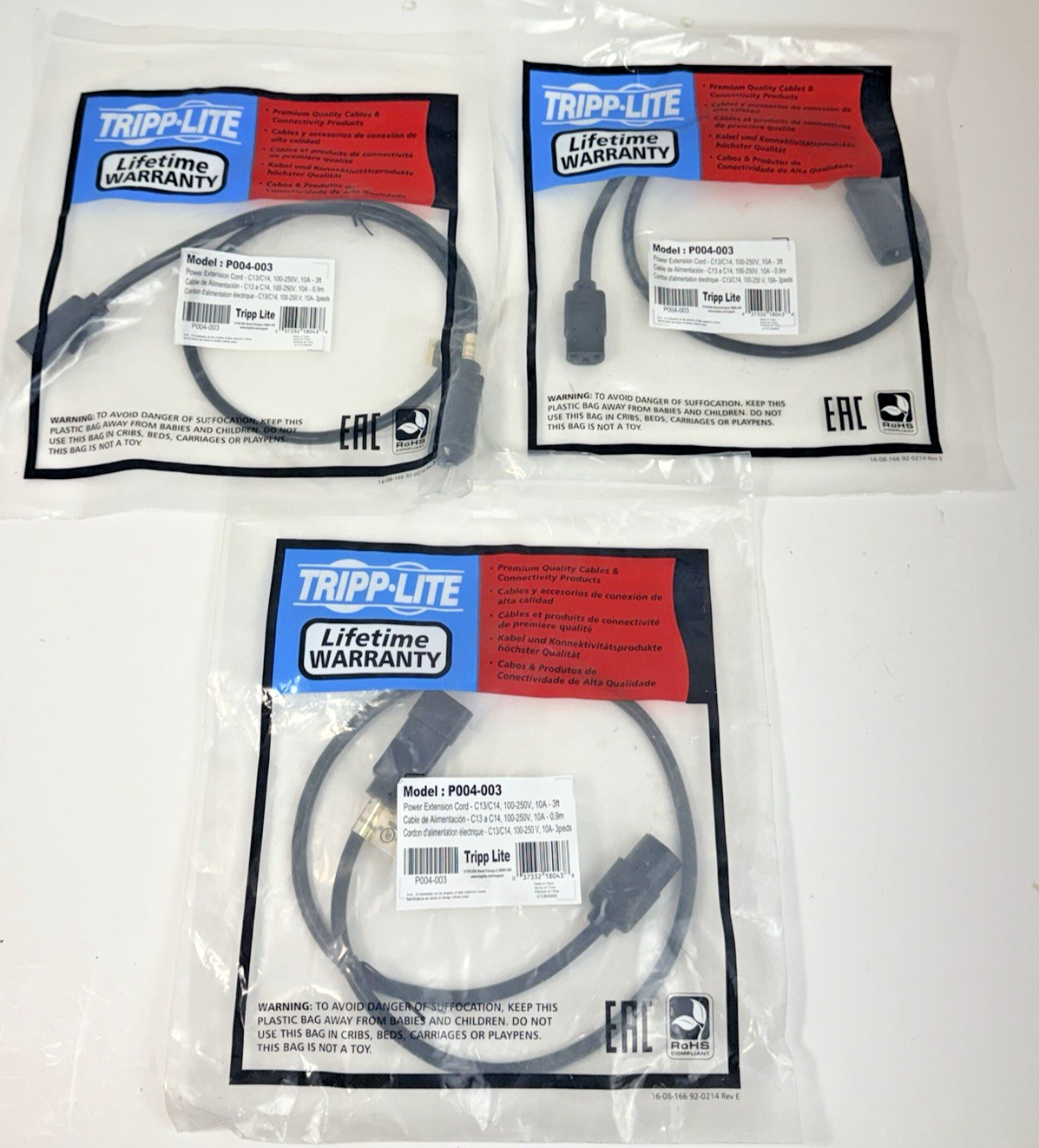 TRIPP LITE P004-003 Premium Power Extension Cord 3 Foot 18 AWG 100-250V LOT OF 3