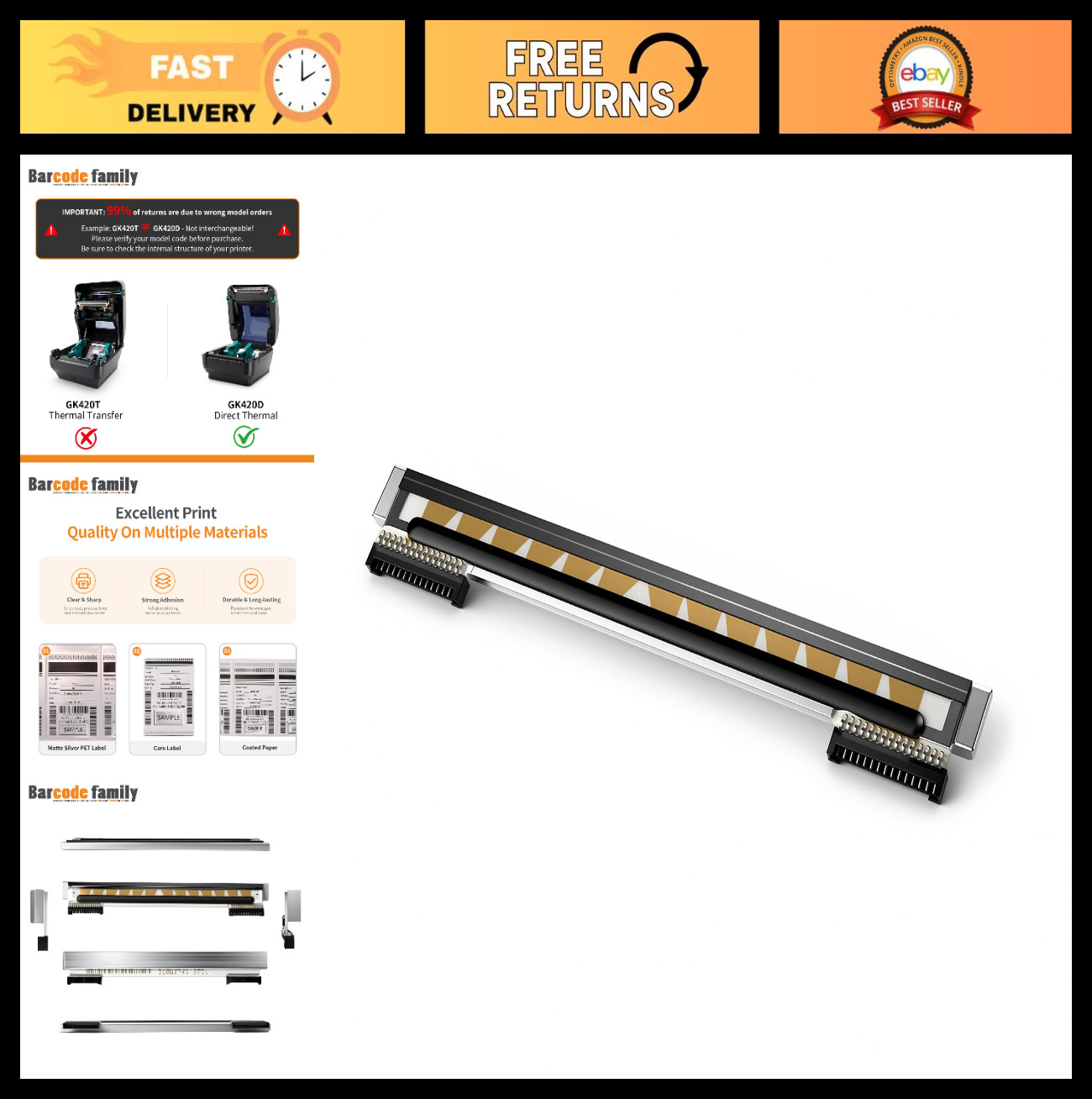 4" 203DPI Thermal Printhead for Zebra GK420D GX420D ZP450 ZP500 | 180-Day Warran