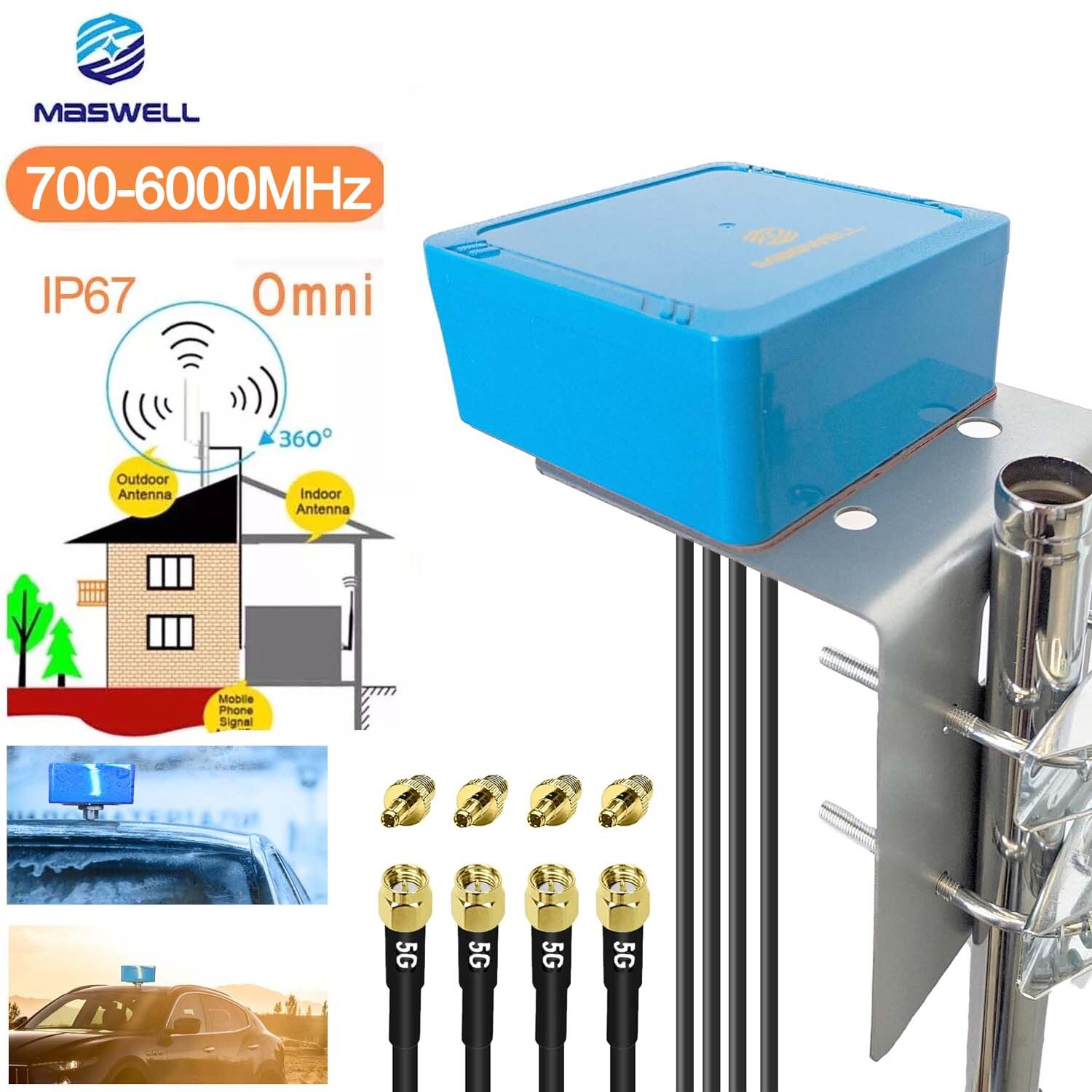 Cellular 5G 4G LTE Antenna 4X4 MIMO 700-6000 MHz Omni WIFI6 M2M IoT with L Plate