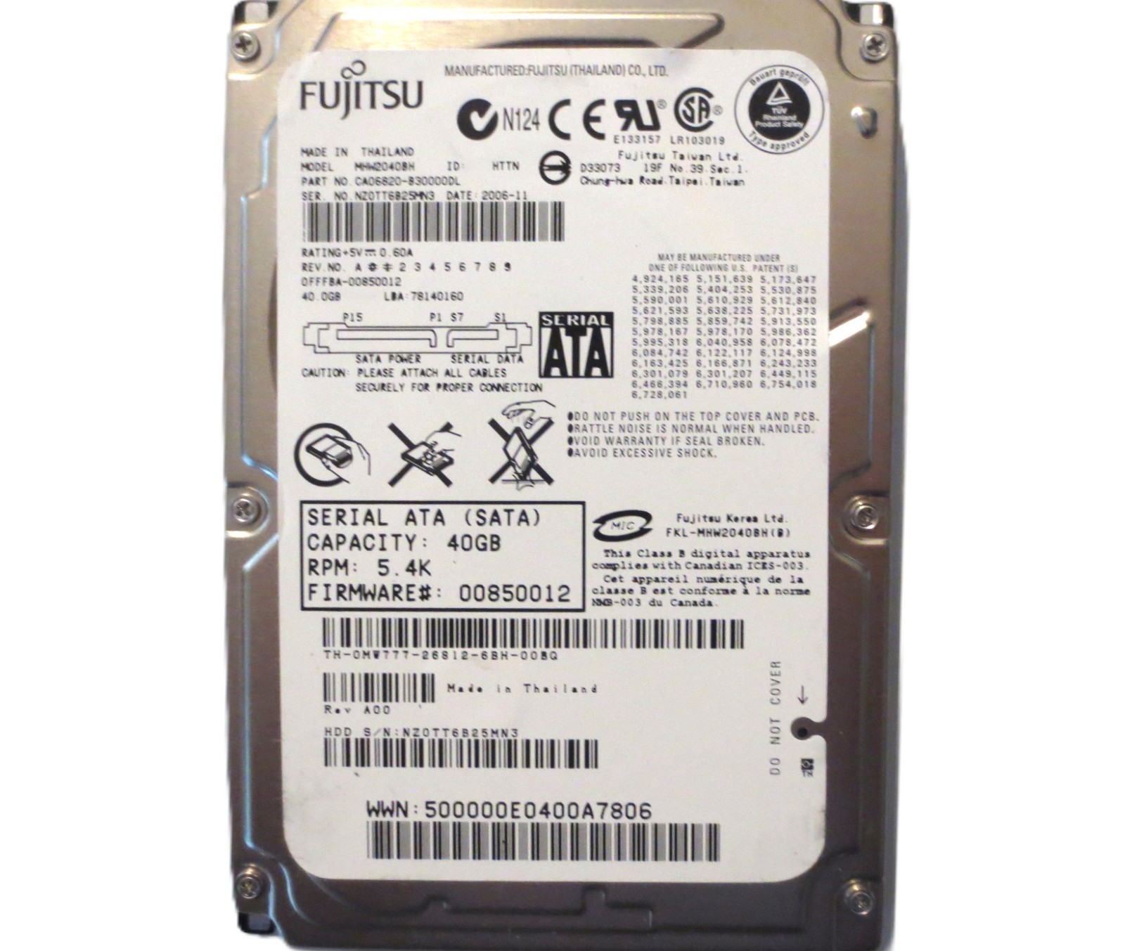 MHW2040BH CA06820-B30000DL 0FFFBA-00850012 (NZ0) Thailand 40gb Sata 2006-11