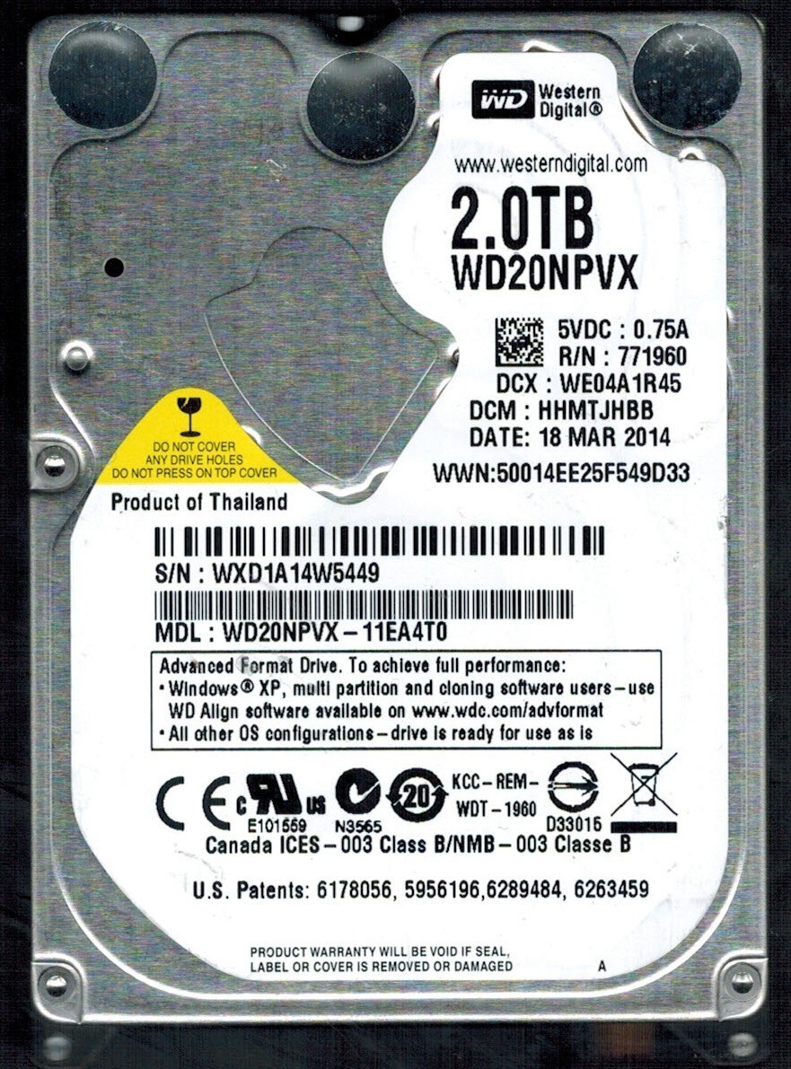 WD20NPVX-11EA4T0 S/N: WXD1A DCM: HHMTJHBB WESTERN DIGITAL 2TB THAILAND MAR 2014
