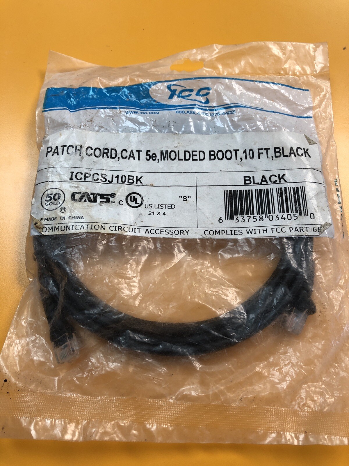 ICC ICPCSJ10BK Patch Cord CAT 5E Molded Boot 10 FT Black