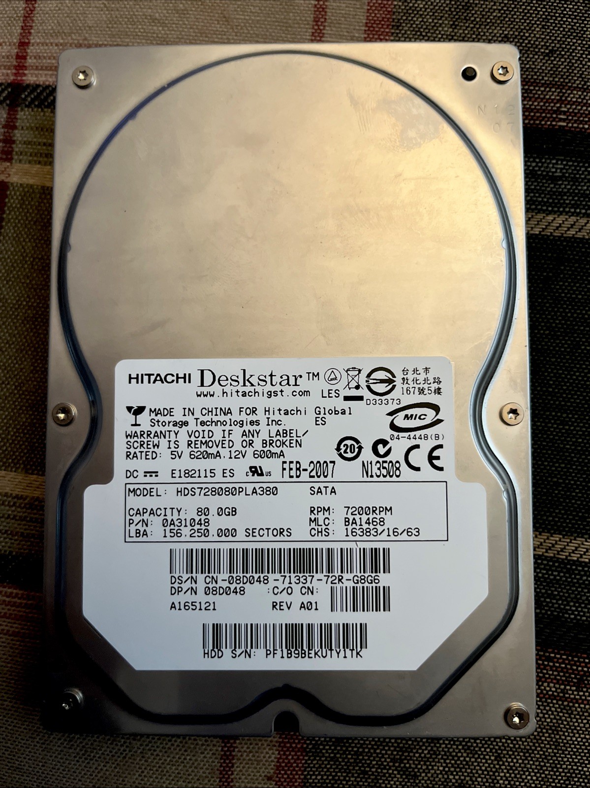 Hitachi Deskstar 80GB Internal 7200RPM 3.5" Wiped/Cleared/Formatted/Tested