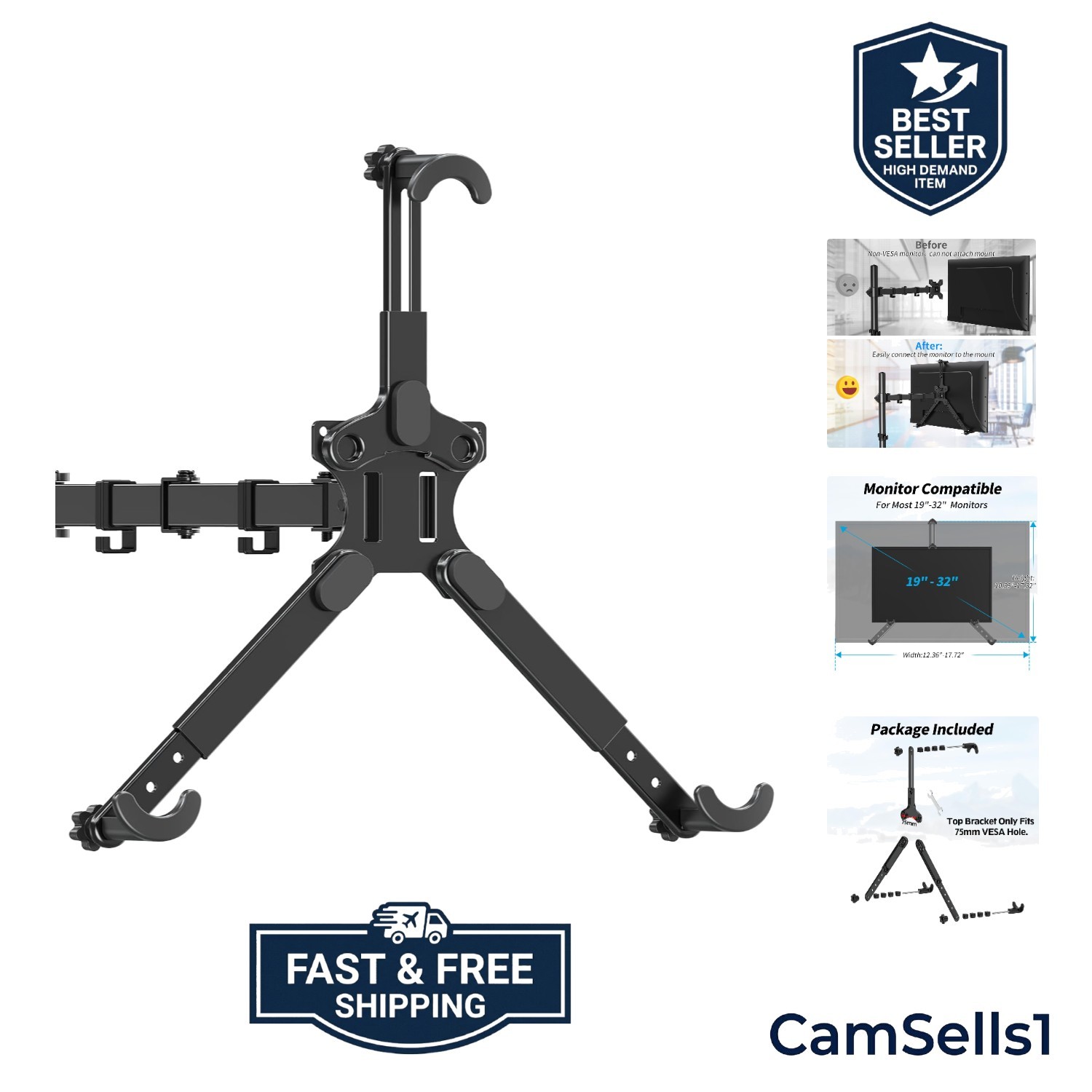 Flexible VESA Adapter Kit for 19 to 32 Inch Monitors, Adjustable Height Features