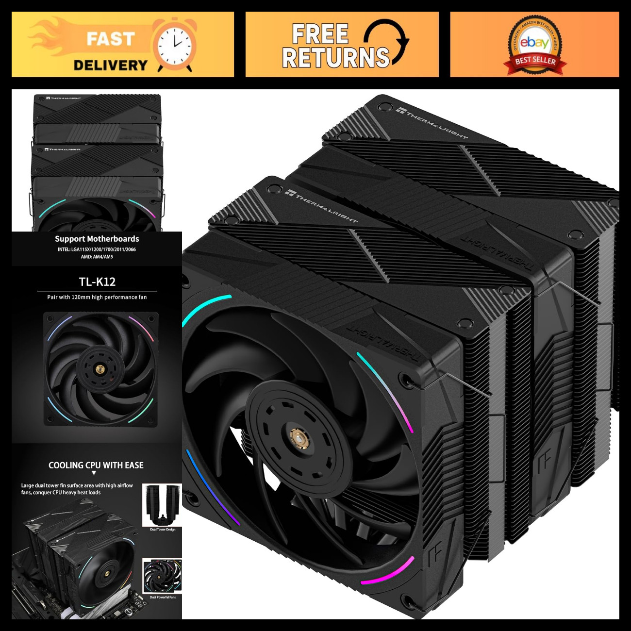 High-Performance CPU Cooler, 120mm Air Cooler with Dual PWM Fans, 2150RPM, AMD/I