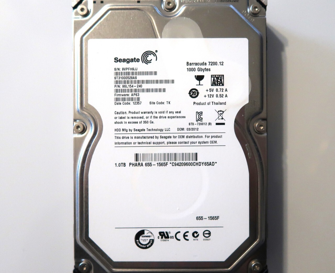 Seagate ST31000528AS PN: 9SL154-240 FW:AP63 Thailand (9VP) TK 1TB 3.5" Sata 2012