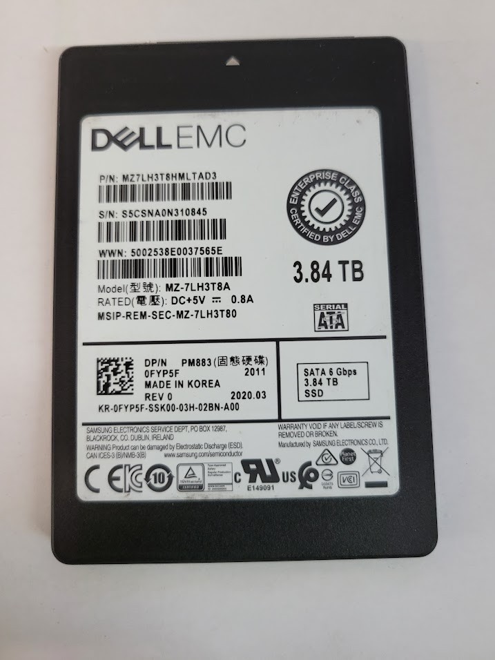 Dell MZ-7LH3T8A 3.84TB 2.5" 6Gb/s SATA Solid State Drive Dell P/N: 0FYP5F