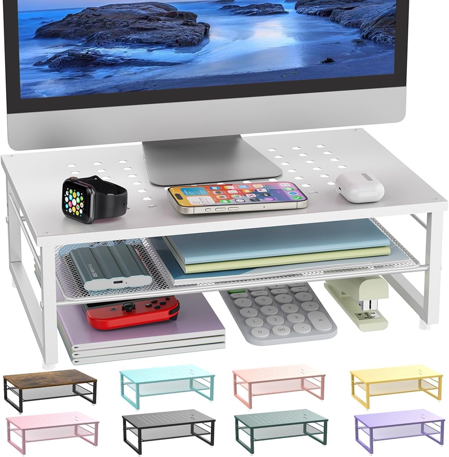 2-Tier Metal Monitor Stand Riser, Desk Accessories & Workspace Desk Organizer...