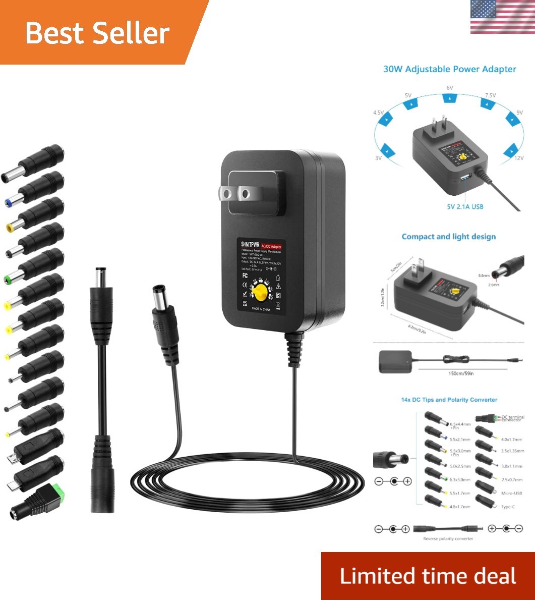 30W Universal Adjustable AC/DC Power Supply with USB Port - Safe and Versatile
