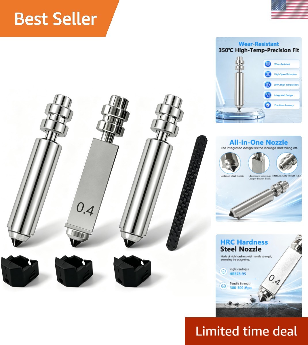 3PK 0.4mm Kobra X Nozzle Hardened Steel Nozzles for Anycubic Kobra 4 Parts