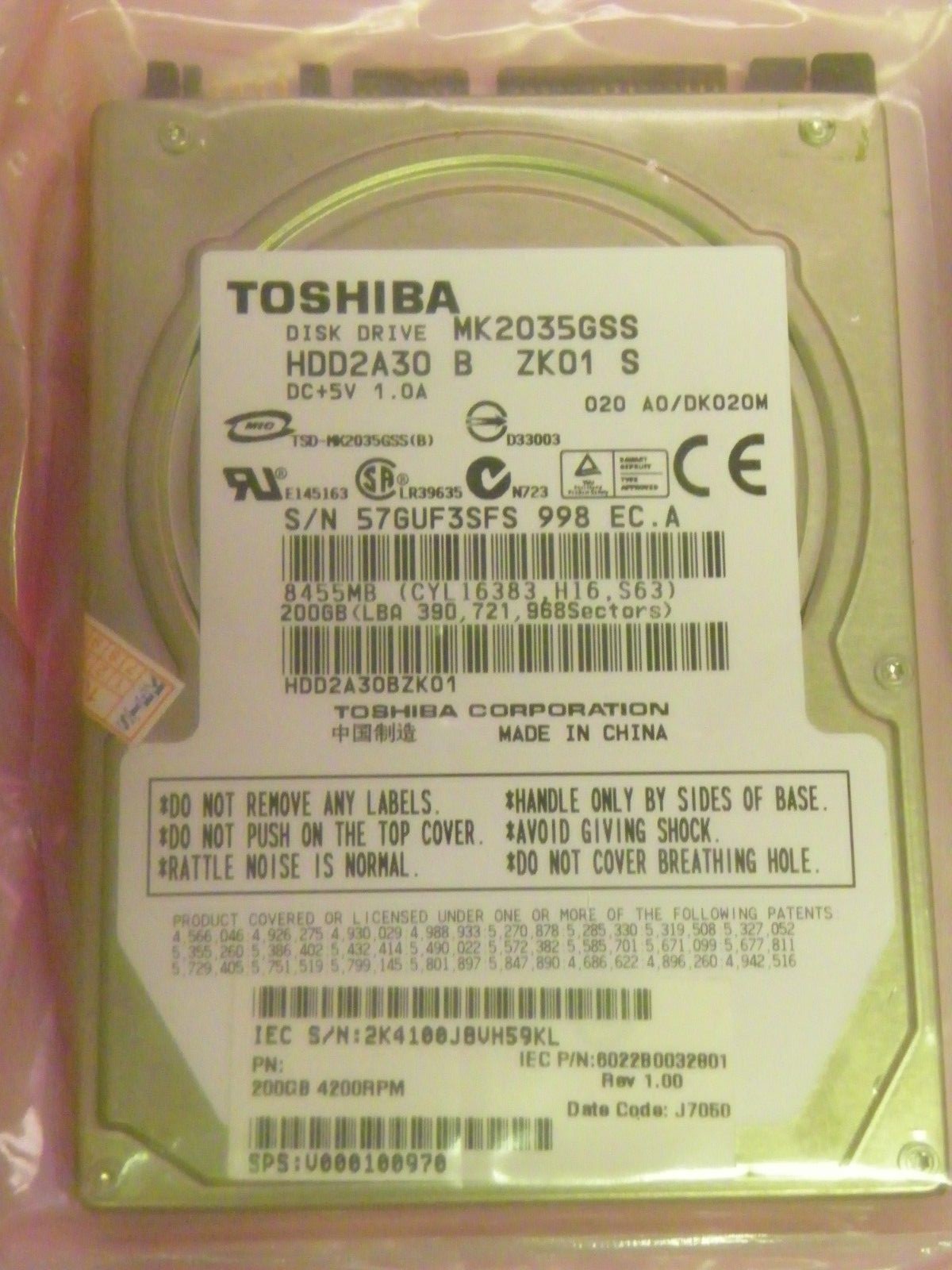 Toshiba MK2035GSS (HDD2A30 B ZK01 S) 020 A0/DK020M laptop 200GB 2.5" SATA HDD