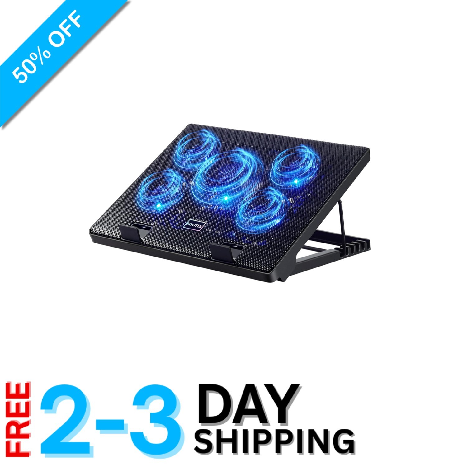 Stylish Blue Laptop Cooling Pad with Adjustable Height & 5 Ultra-Quiet Fans