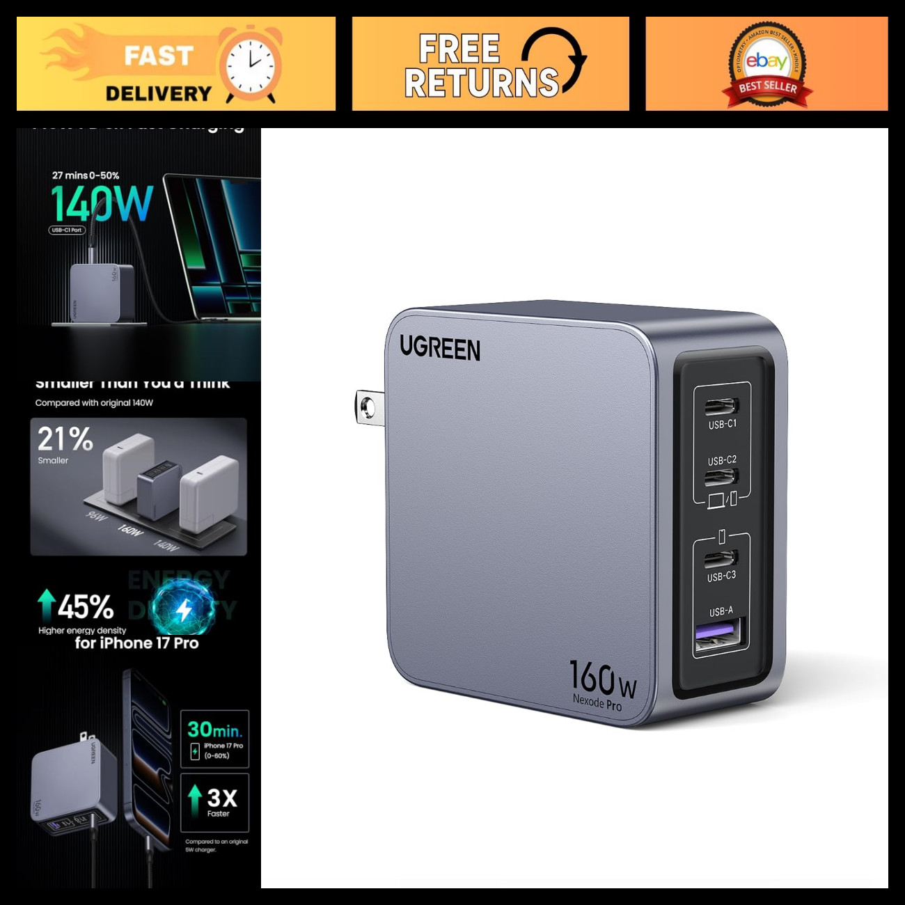 160W GaN USB C Laptop Charger, 4-Port PD 3.1 Fast Charging Adapter, Universal Po