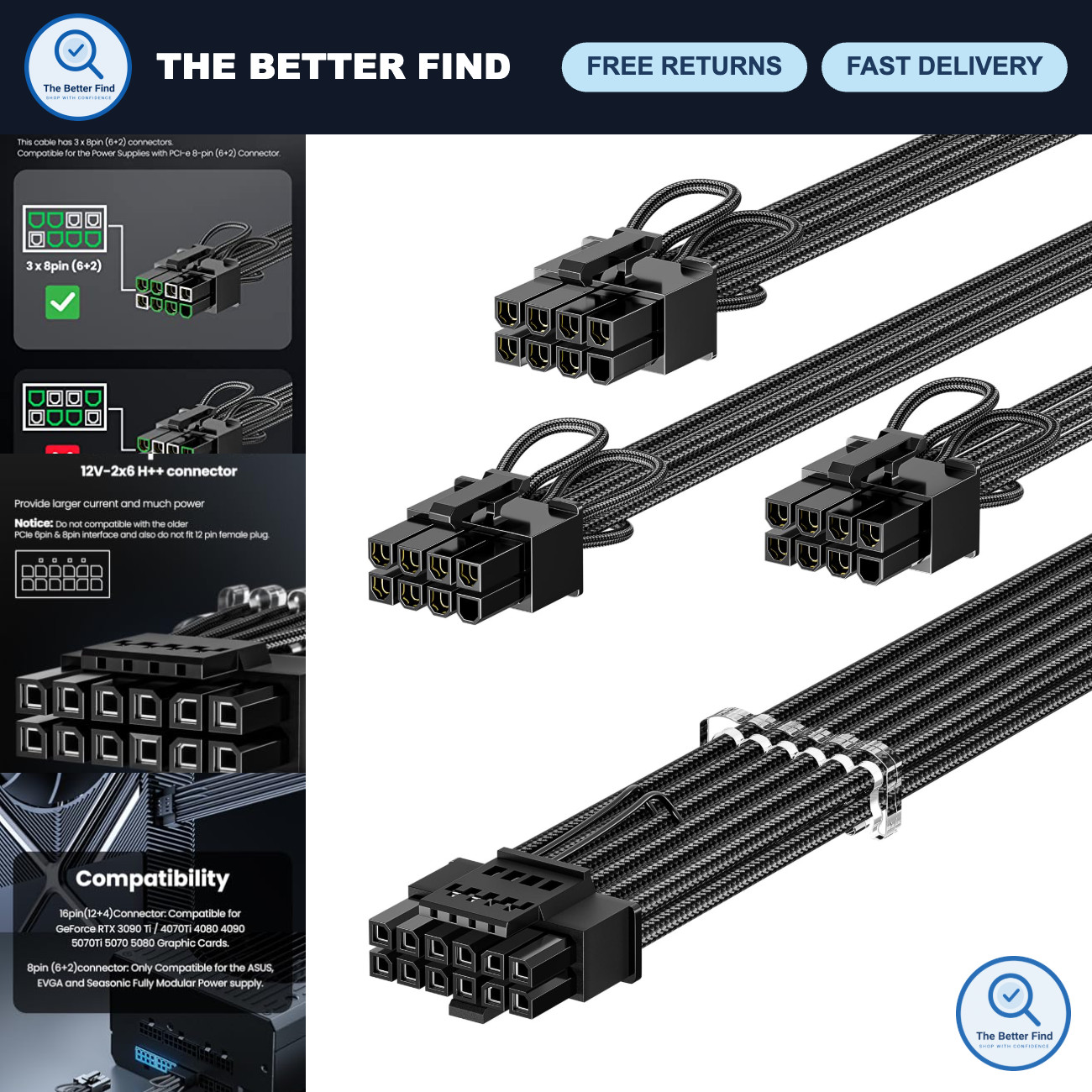 600W PCIe 5.1 GPU Power Cable 16pin (12+4) 12VHPWR - High-Performance Black Cabl