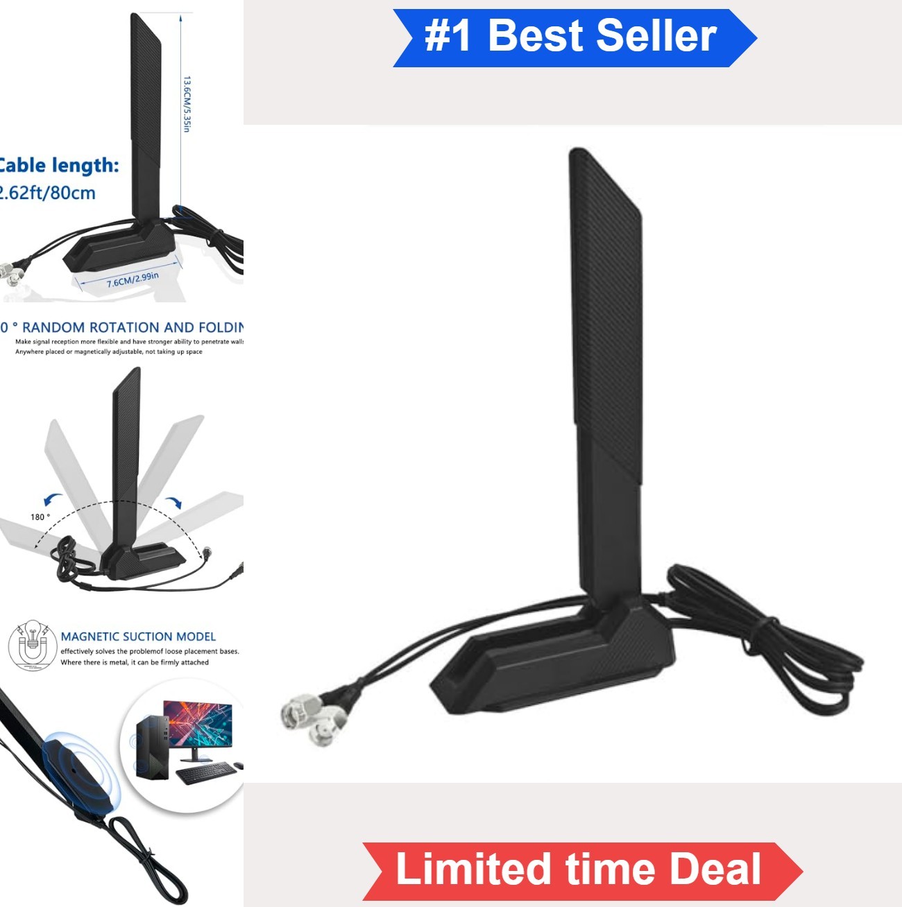 Tri Band WiFi 6E Antenna RP-SMA 9dBi 2.4G 5.8G 6GHz Magnetic Base 80cm Cable