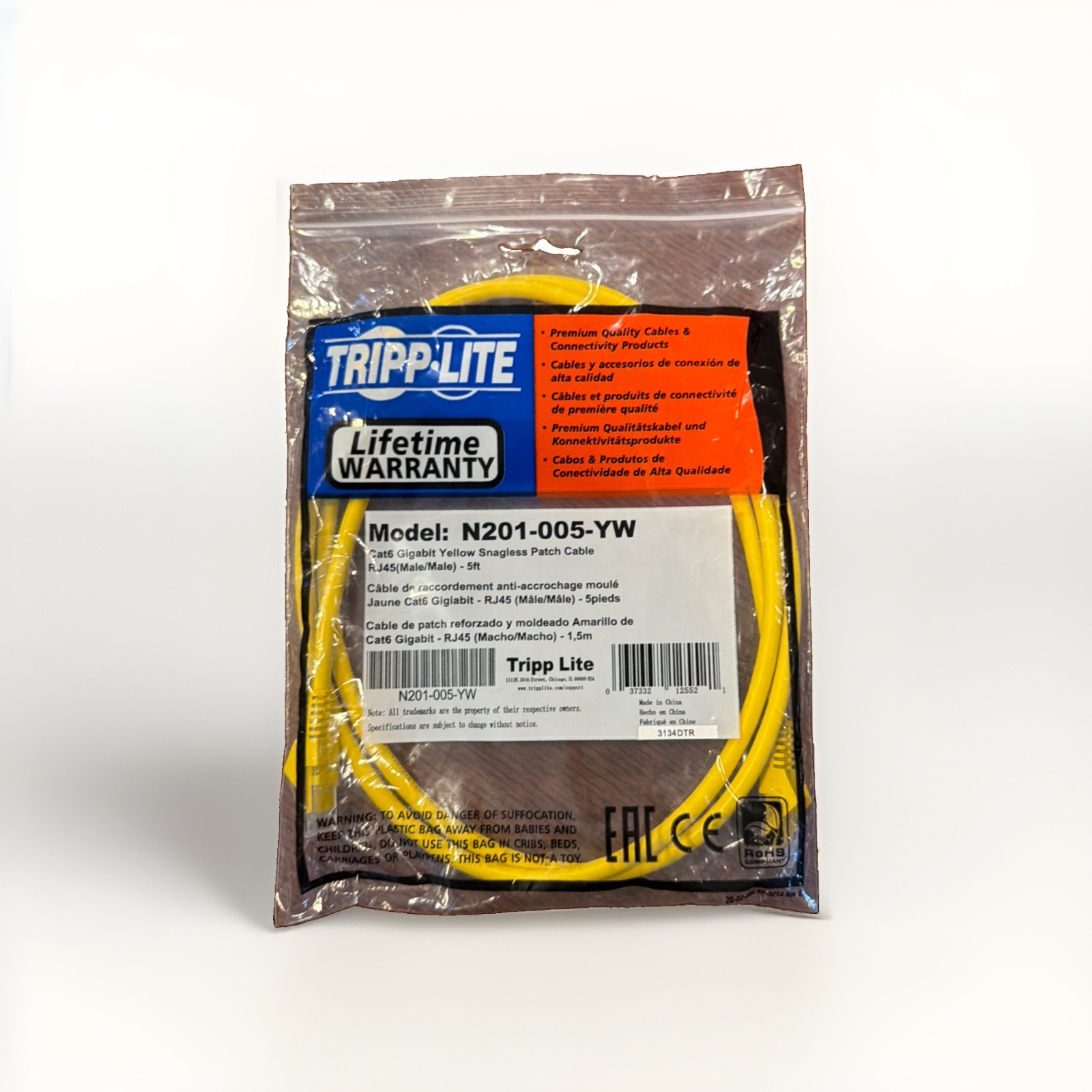 Tripp Lite 5ft Cat6 Gigabit Snagless Molded Patch Cable RJ45 M/M Yellow 5' (N...