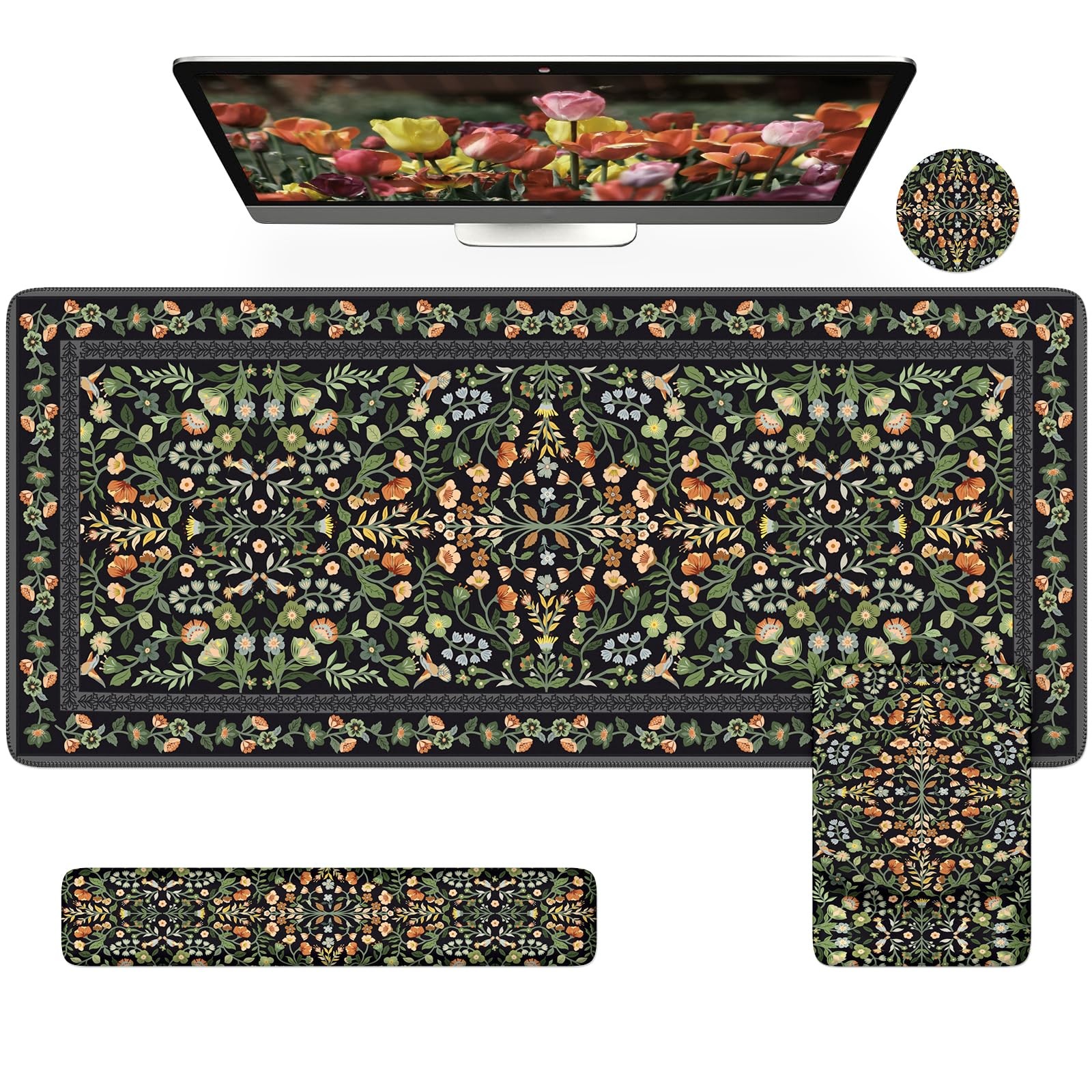 Black Floral Mouse Pad Wrist Rest Ergonomic Large Desk Mat Keyboard Support