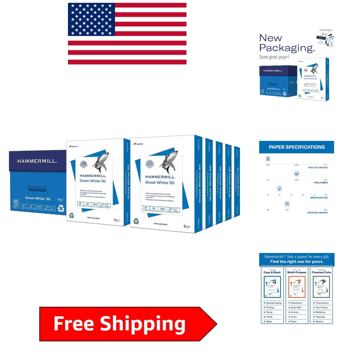 Dependable White 30% Recycled Paper - Letter Size, 5000 Sheets Made in USA