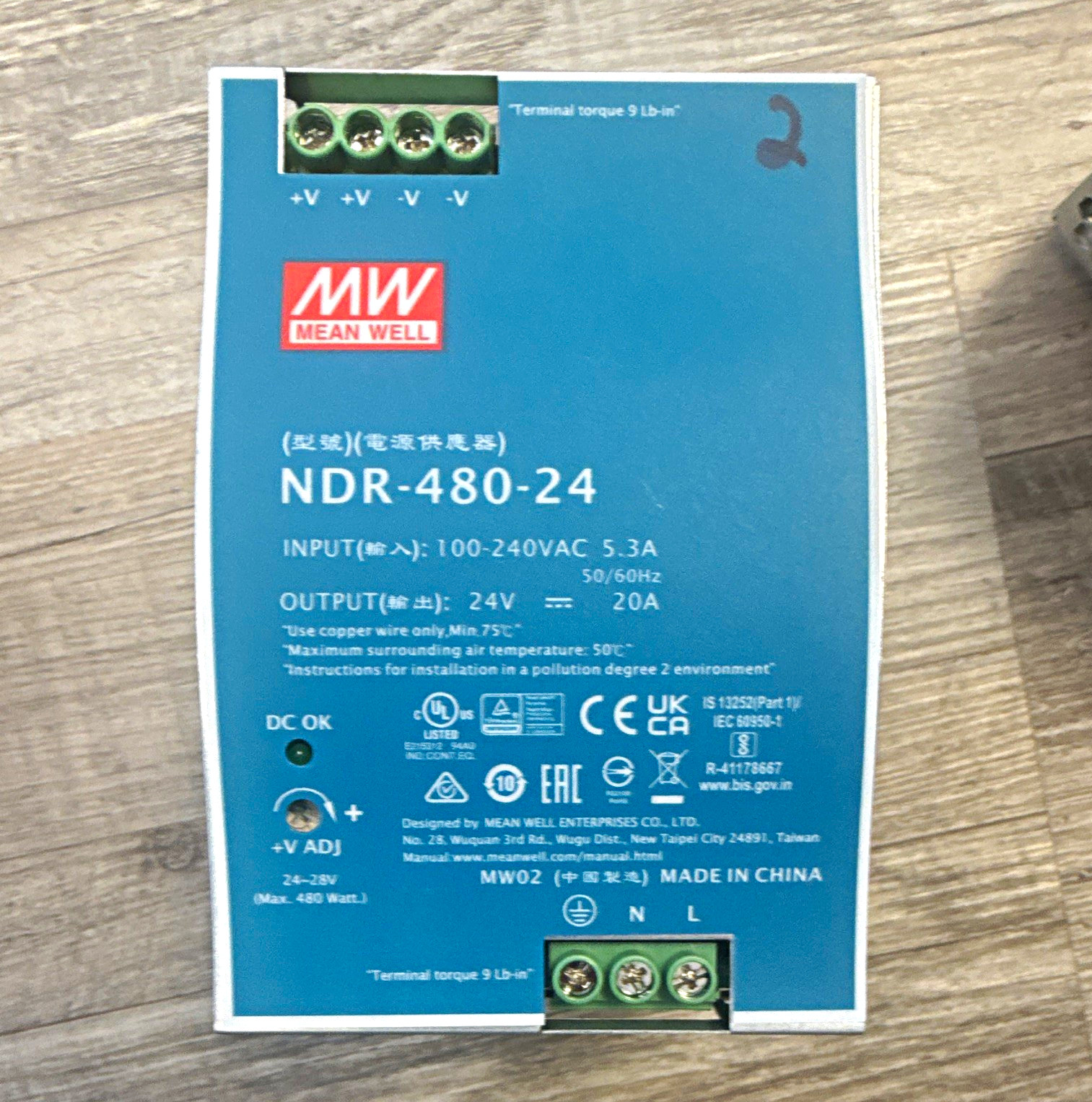 MEAN WELL NDR-480-24 DIN Rail Mount Power Supply 24V 20A 100-240VAC