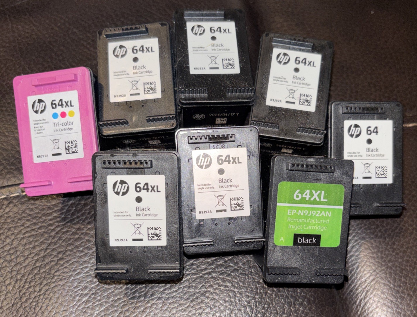 Seven 64 XL BLACK And One Tri-color Ink Cartridge Print HP May Have Not Have Ink