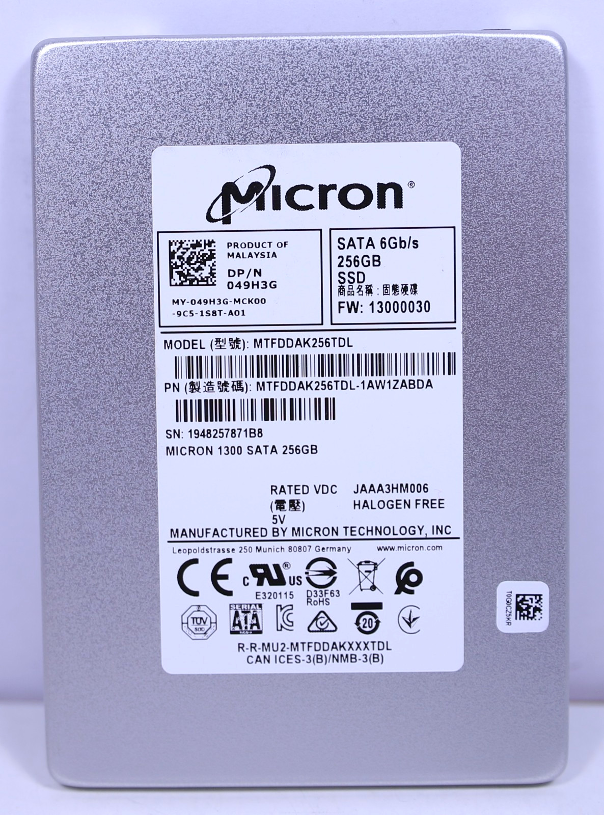 Micron 1300 256GB SSD 2.5" SATA III 6Gb/s MTFDDAK256TDL 49H3G Solid State Drive