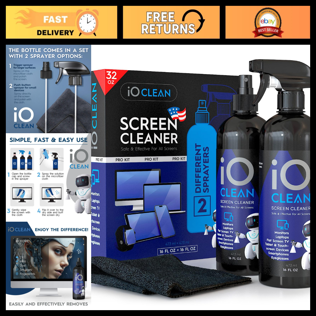16oz Screen Cleaner Spray Kit for LCD LED OLED TVs - Streak-Free Cleaning Soluti