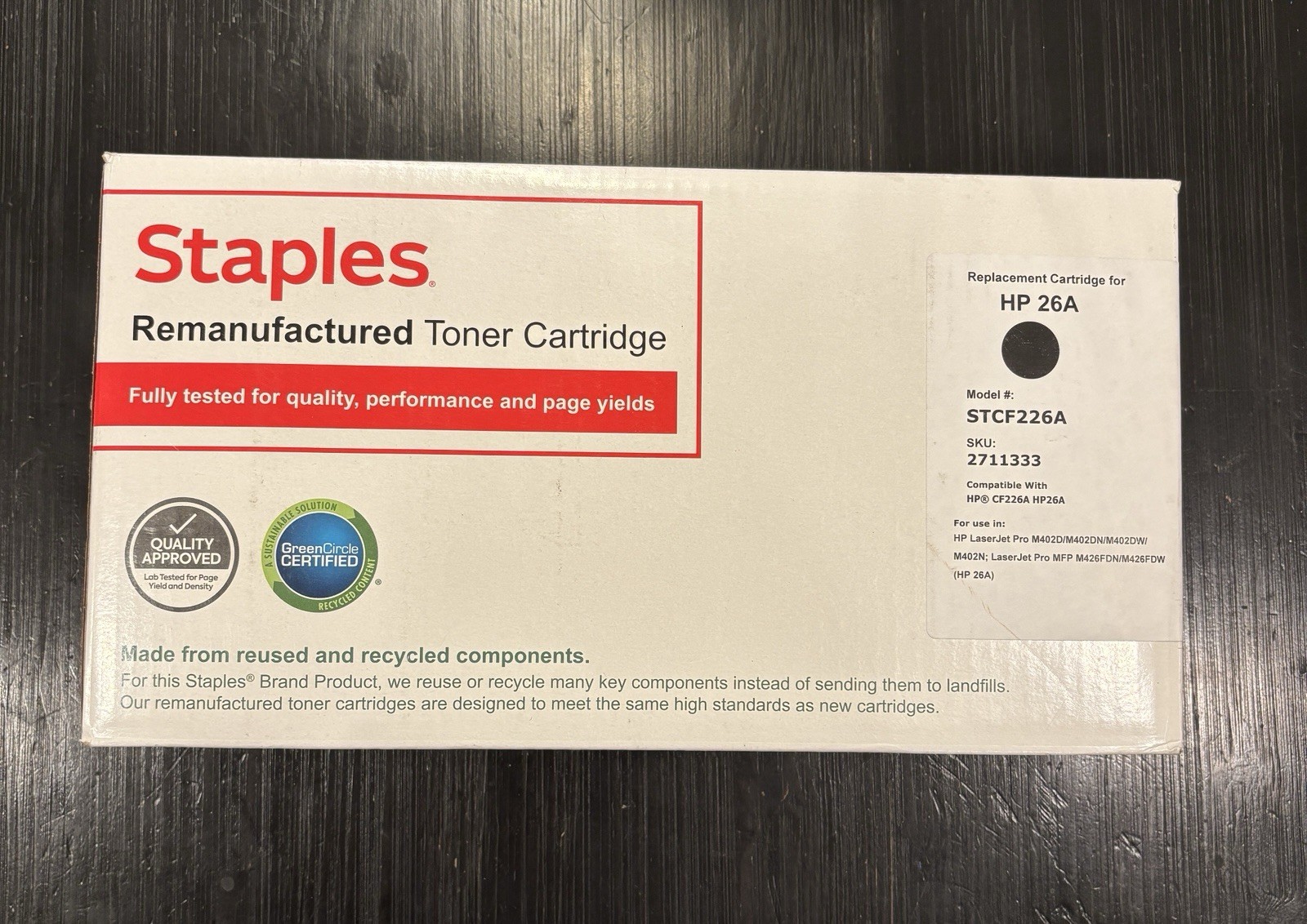 STAPLES Reman Toner Cartridge STCF226A Black for HP26A New Unused