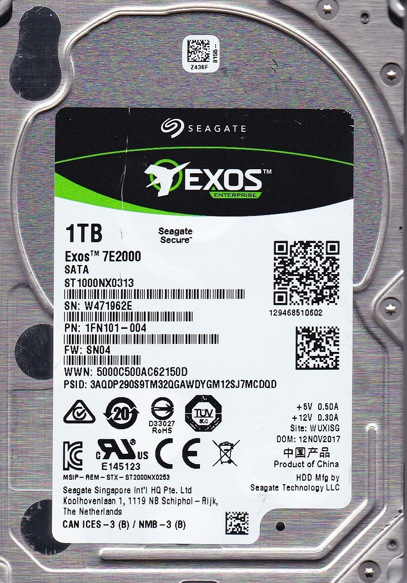 ST1000NX0313 p/n: 1FN101-004 s/n: W47 SN04 WUXISG NOV 2017 1TB SATA 2.5" SEAGATE