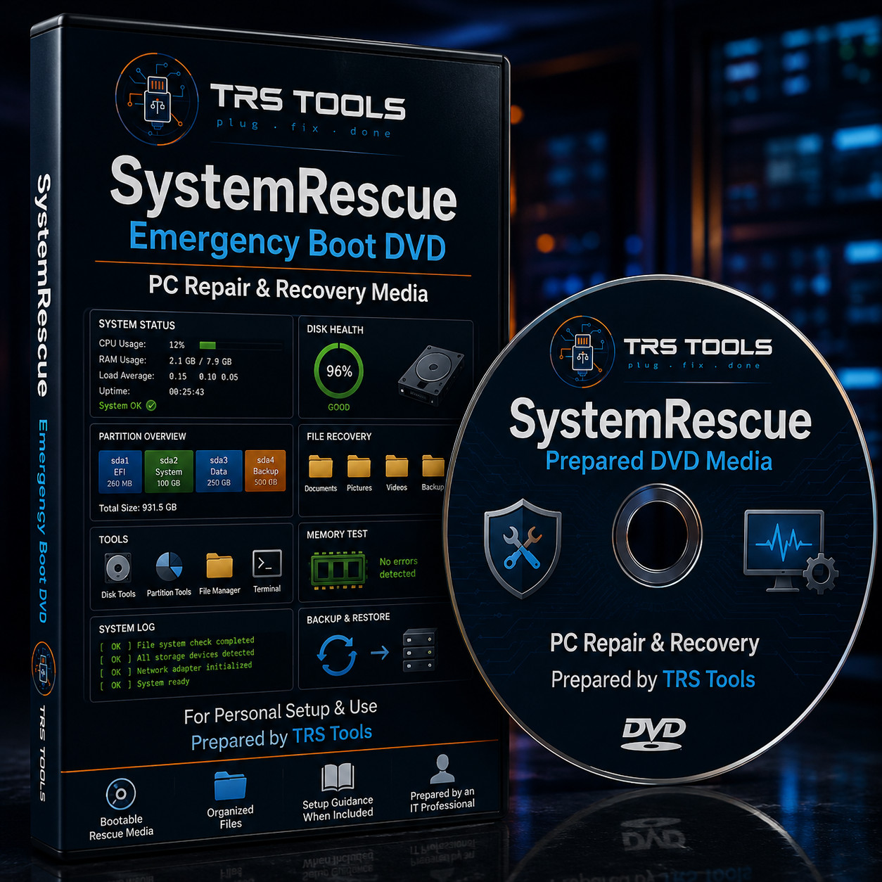 SystemRescue Emergency Boot DVD PC Repair Recovery Disc TRS Tools