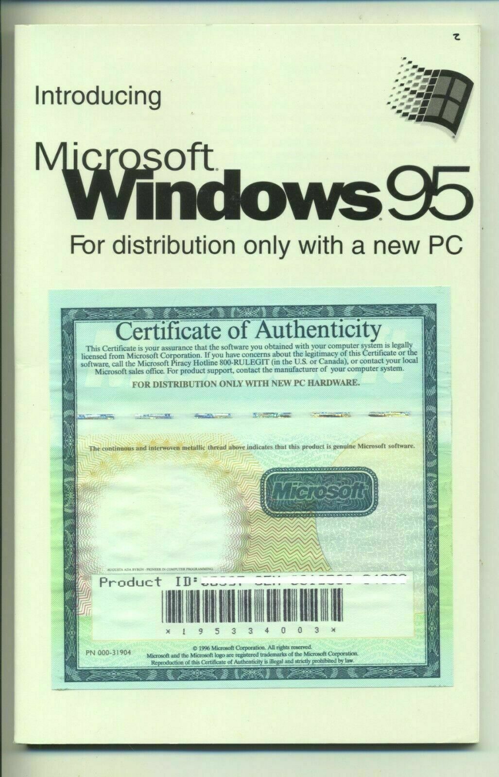 GENUINE VINTAGE INTRODUCING WINDOWS 95 MANUAL w/PRODUCT ID KEY & COA  - NO CD 