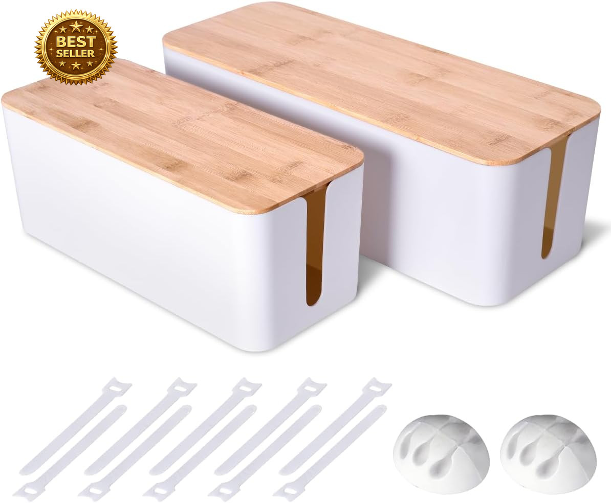 2Pack Cable Management Box,Wooden Style Cord Organizer Cord Hide Box