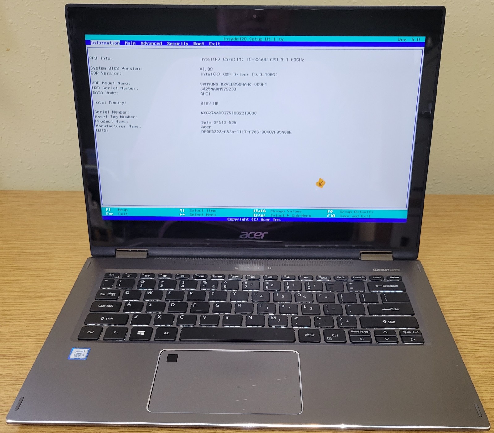 ACER Spin SP513-52N  i5-8250U 1.60GHz 8GB 256GB NVMe 360Touch No OS/HDD
