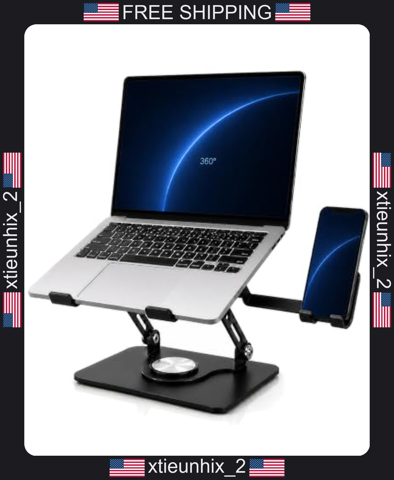 Laptop Stand with Phone Holder, 360° Swivel, Fits Up to 16-Inch Laptops