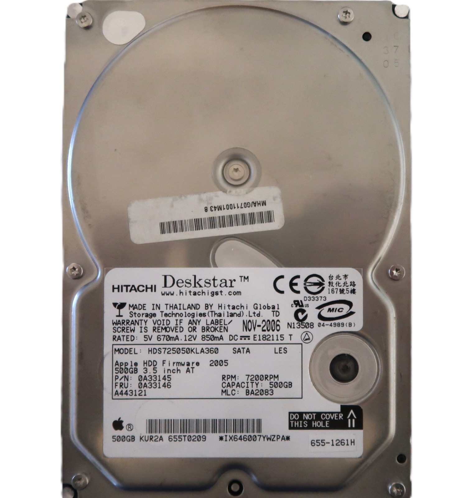 Hitachi HDS725050KLA360 0A33145 BA2083 (IX64) Thailand 3.5" 500gb Sata NOV-2006