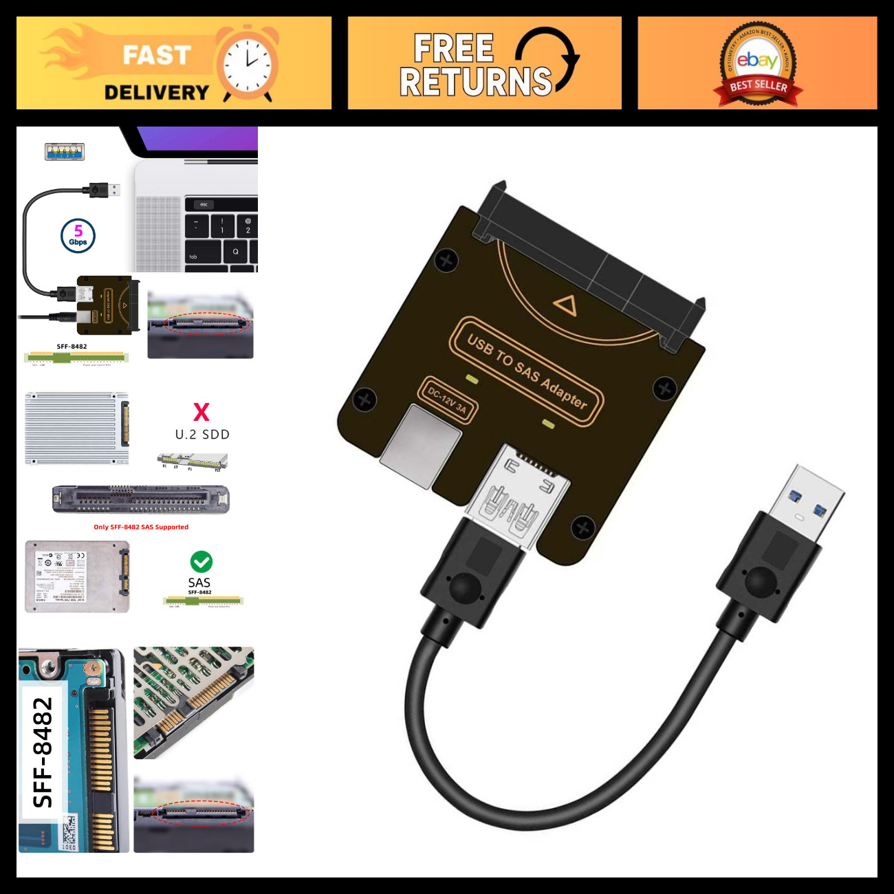 SAS to USB 3.0 Adapter 29Pin HDD Disk Drive Raid Converter 5Gbps with Power Port
