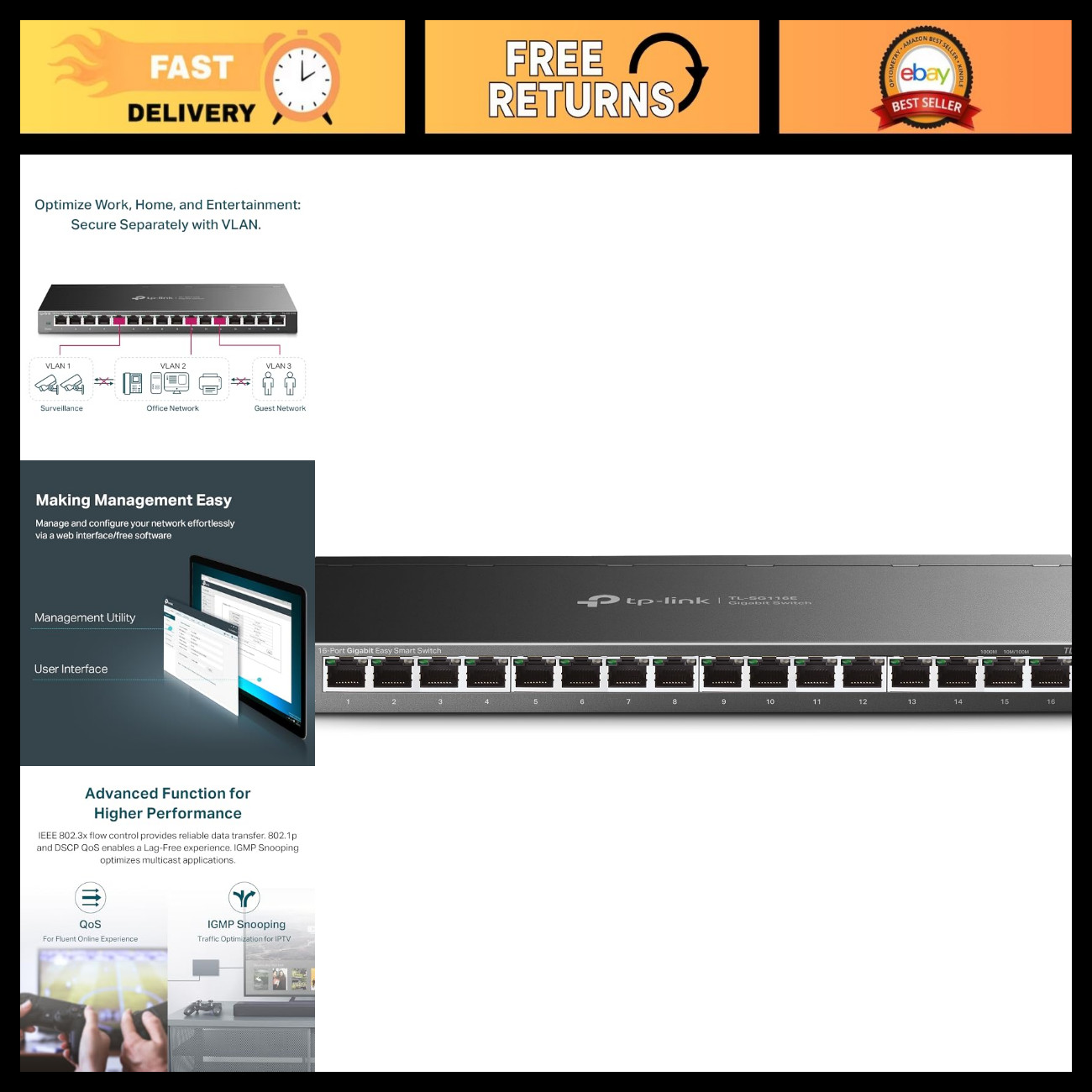 16-Port Gigabit Ethernet Switch | Smart Managed, Plug & Play | QoS, VLAN, IGMP S