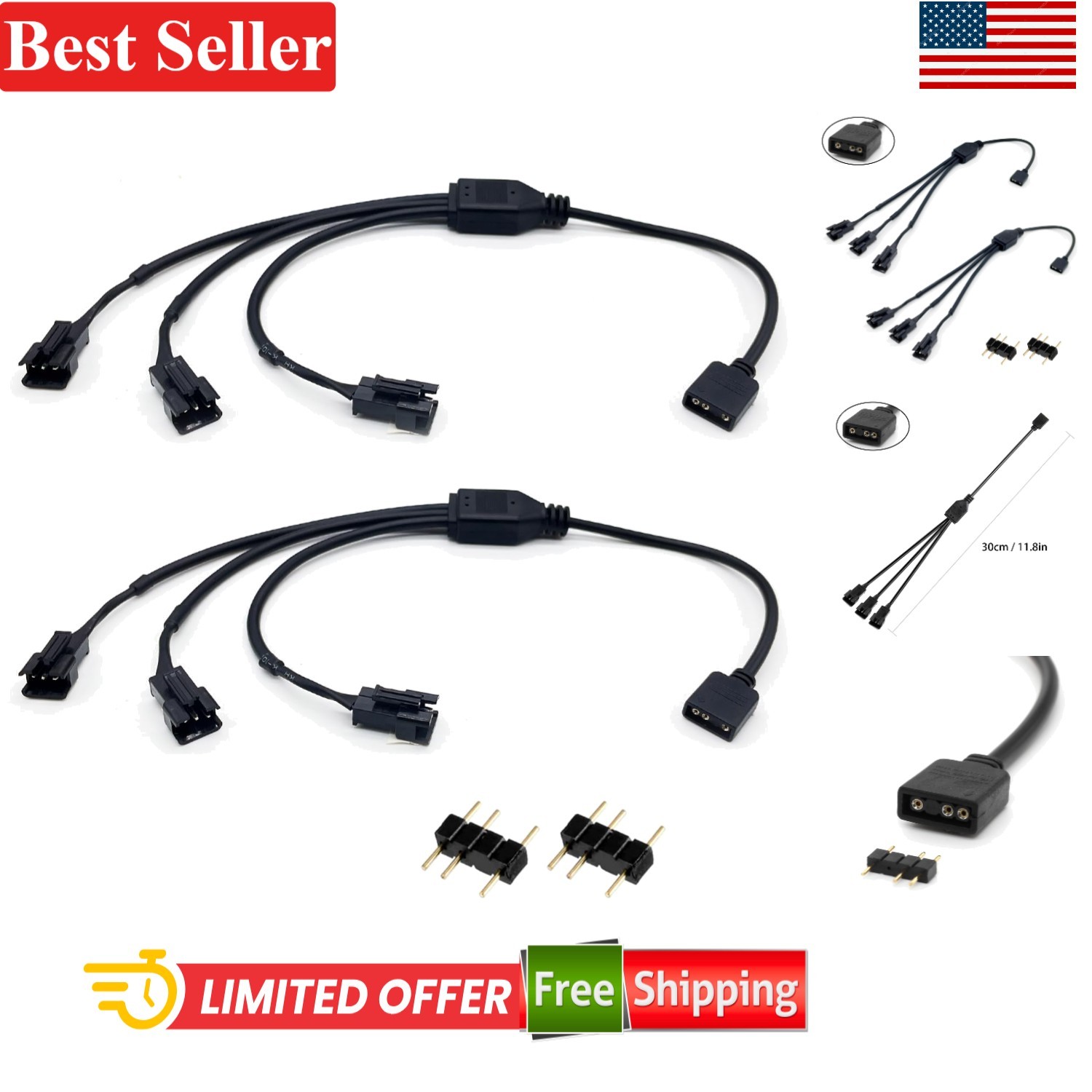 ARGB Splitter Cable 1-to-3 Male 3pin to JST SM 3Pin Adapter 11.8 Inch 2 Pack