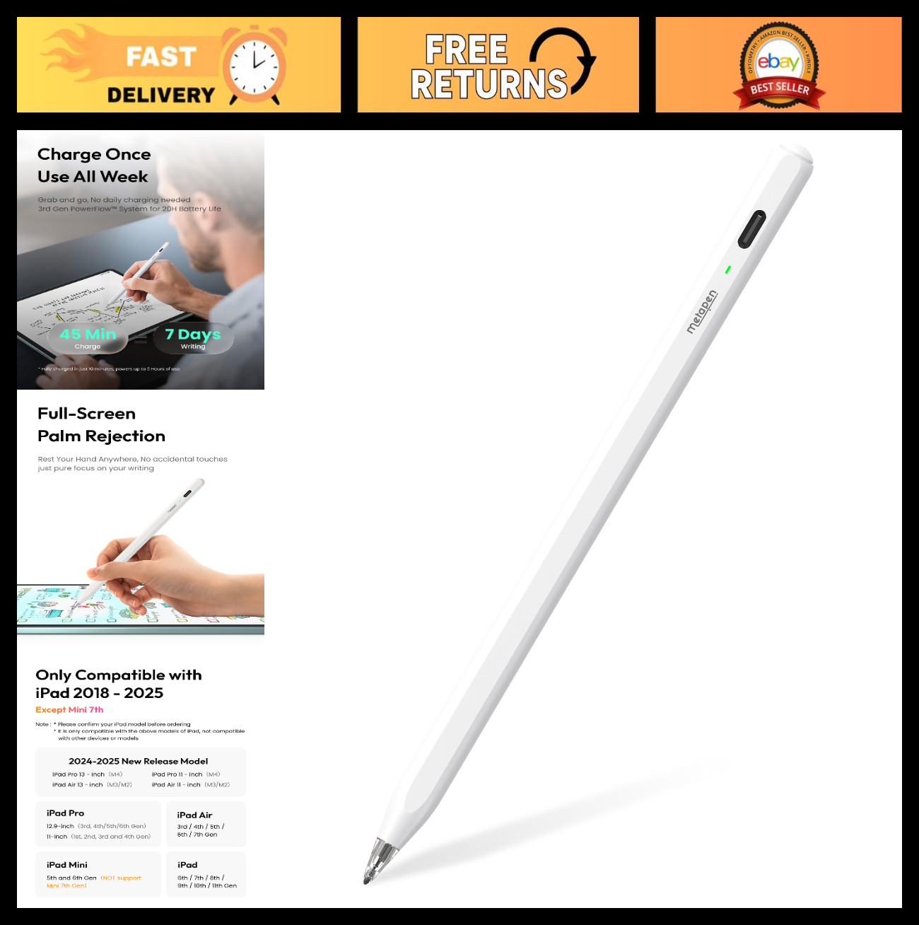 Ultra-Quiet Stylus Pen for iPad 2018-2025, Fast Charging, Palm Rejection, Compat