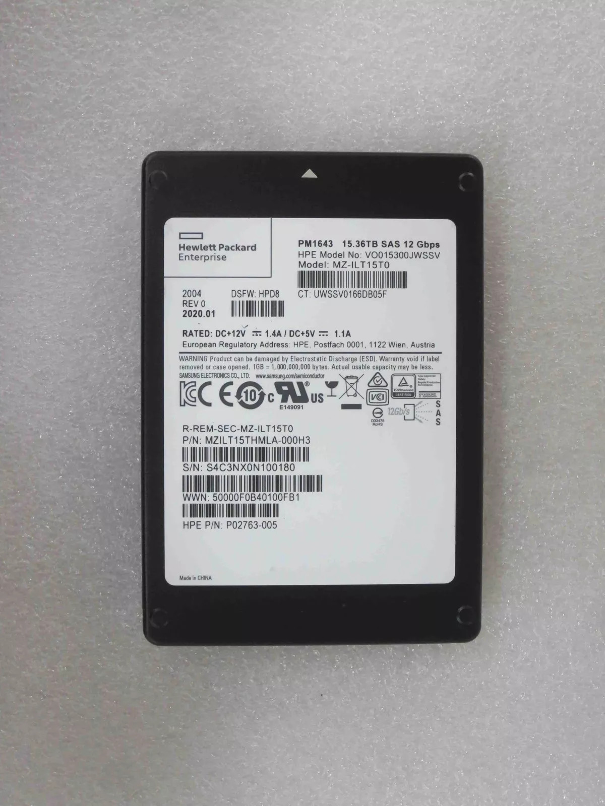 Samsung PM1643 15.36TB SAS 12Gbps MZ-ILT15T0 HPD8 HPE SSD MZ-ILT15T0THMLA-00AH3-